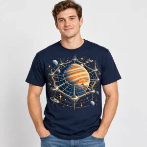 Man wearing Navy Orbital Web Station retro sci fi spider web shirt with large orange blue and cream planetary web station print