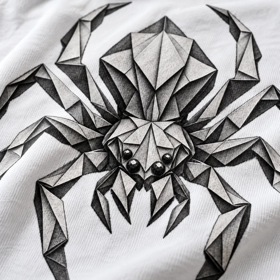 Close-up of Origami Spider print showing charcoal geometric folds and cotton fabric texture