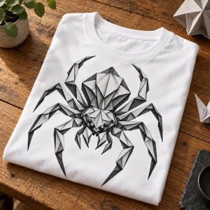Folded white Origami Spider shirt on wooden table with geometric spider print visible
