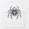 Front flat lay of white Origami Spider shirt with monochrome charcoal geometric spider print