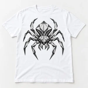 Front flat lay of white Origami Spider shirt with monochrome charcoal geometric spider print