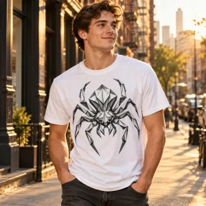 Man wearing white Origami Spider shirt on a sunny New York City street at golden hour