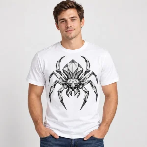 Young man wearing white Origami Spider shirt with centered folded geometric spider artwork