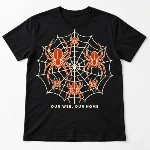 Front flat lay of black Our Web Family matching tee with cream orb web, rust spiders, and OUR WEB OUR HOME print