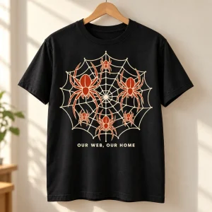 Black Our Web Family tee on a wooden hanger showing the centered cream and rust spider web print