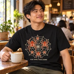 Lifestyle photo of a model wearing the black Our Web Family tee with the family spider shirts graphic clearly visible