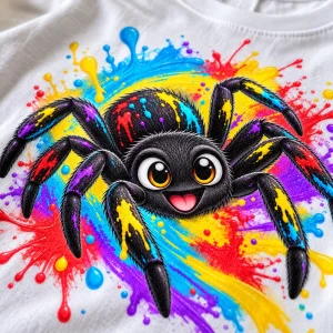 Close-up of cyan, yellow, red and purple splatters around the cartoon spider