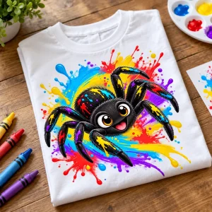 Folded white Paint Splash Spider shirt showing the colorful brush strokes