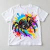 Front flat lay of white Paint Splash Spider colorful spider shirt for kids