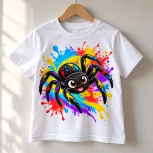 White Paint Splash Spider youth tee on a small hanger