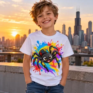 Kid in Paint Splash Spider shirt painting at an easel in a bright art room