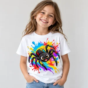 Child wearing white Paint Splash Spider tee with denim shorts
