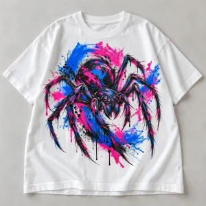 Front flat lay of white Painted Night Spider paint splatter shirt