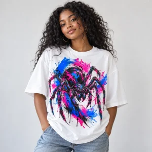 Woman wearing white oversized Painted Night Spider splatter tee