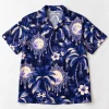 Front flat lay of midnight blue Palm Web Nights spider web Hawaiian shirt