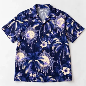 Front flat lay of midnight blue Palm Web Nights spider web Hawaiian shirt