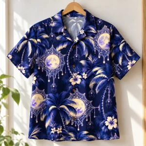 Midnight blue Palm Web Nights Hawaiian shirt hanging on a bamboo hanger