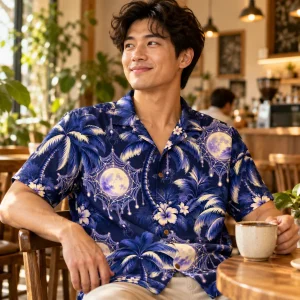 Friends at a tiki-lit beach bar at night, one wearing the Palm Web Nights Hawaiian shirt
