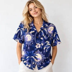 Man wearing Palm Web Nights Hawaiian shirt unbuttoned over a white tank