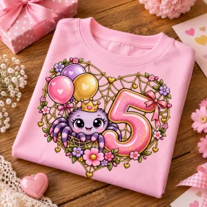 Folded soft pink Party Web Princess spider princess birthday shirt showing crowned spider, balloons, flowers, and number 5