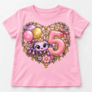 Front flat lay of soft pink Party Web Princess spider princess birthday shirt with crowned spider, floral heart web, balloons, and number 5