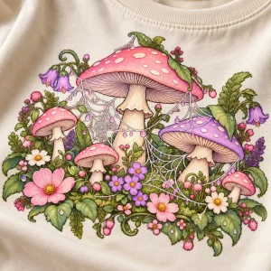 Close-up of Pastel Web Garden print showing cotton texture, pastel mushrooms, flowers, leaves and fine web detail