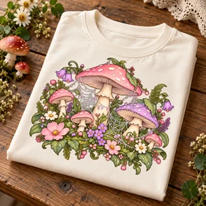 Folded light cream kids tee showing Pastel Web Garden mushroom, floral and spider web artwork