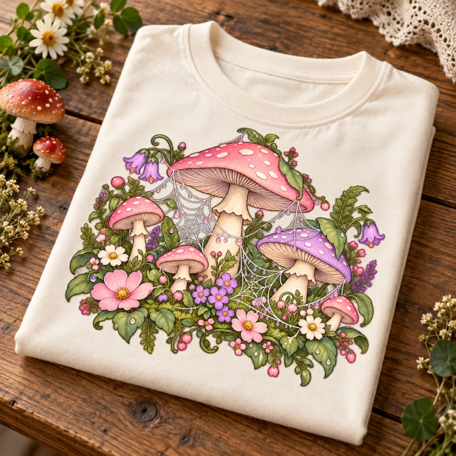 Folded light cream kids tee showing Pastel Web Garden mushroom, floral and spider web artwork
