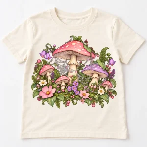 Front flat lay of light cream kids Pastel Web Garden cute spider web shirt with pastel mushrooms, flowers and leaves