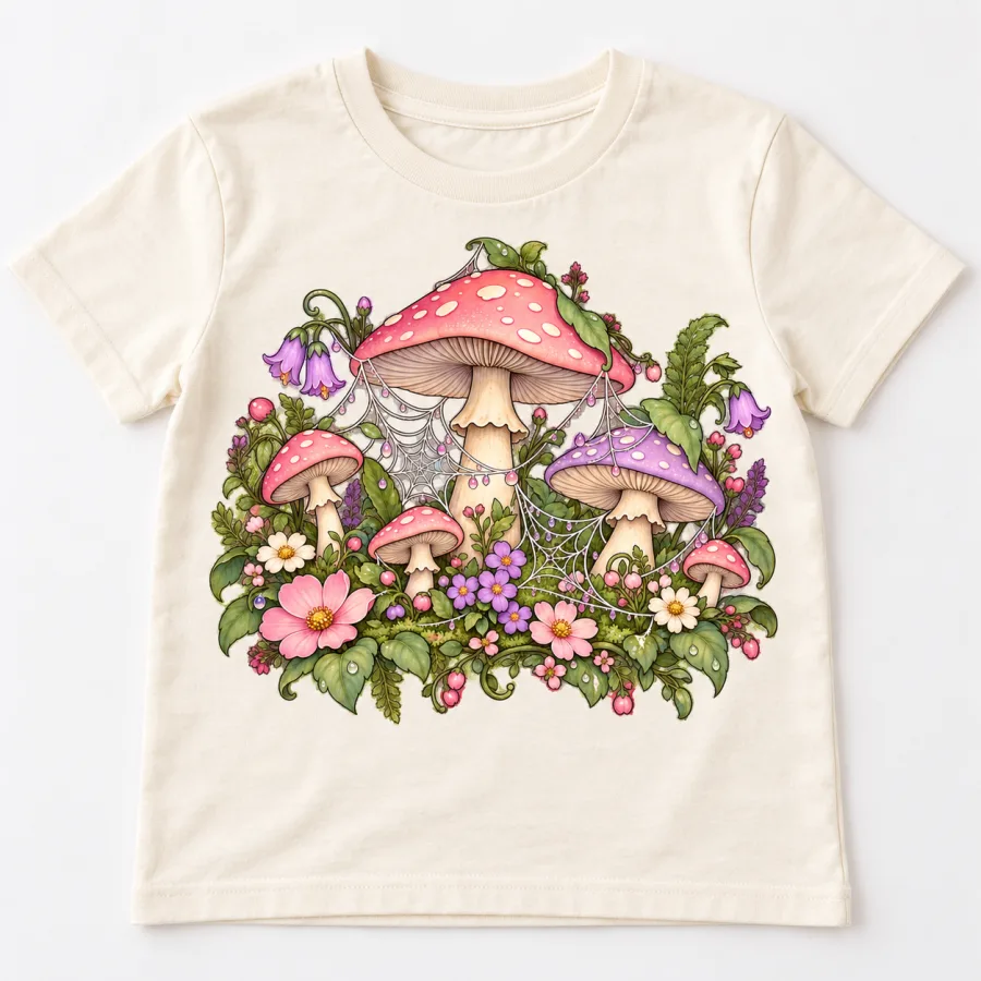 Front flat lay of light cream kids Pastel Web Garden cute spider web shirt with pastel mushrooms, flowers and leaves
