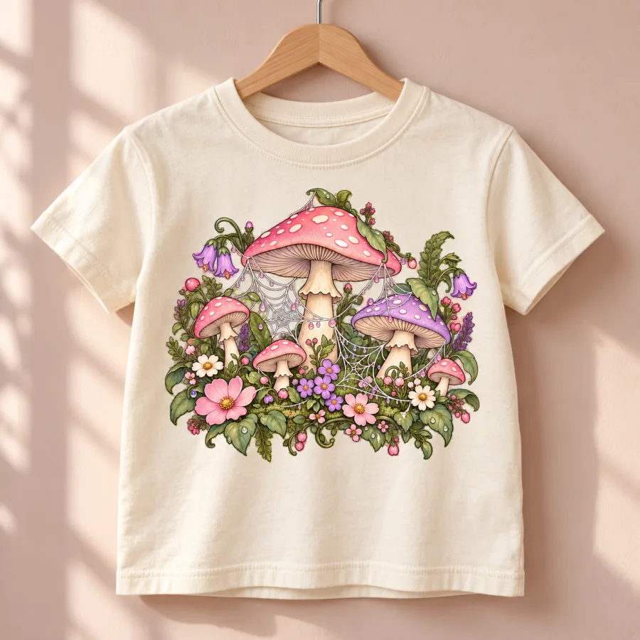 Light cream Pastel Web Garden kids tee on wooden hanger with pastel mushroom, flower and web print
