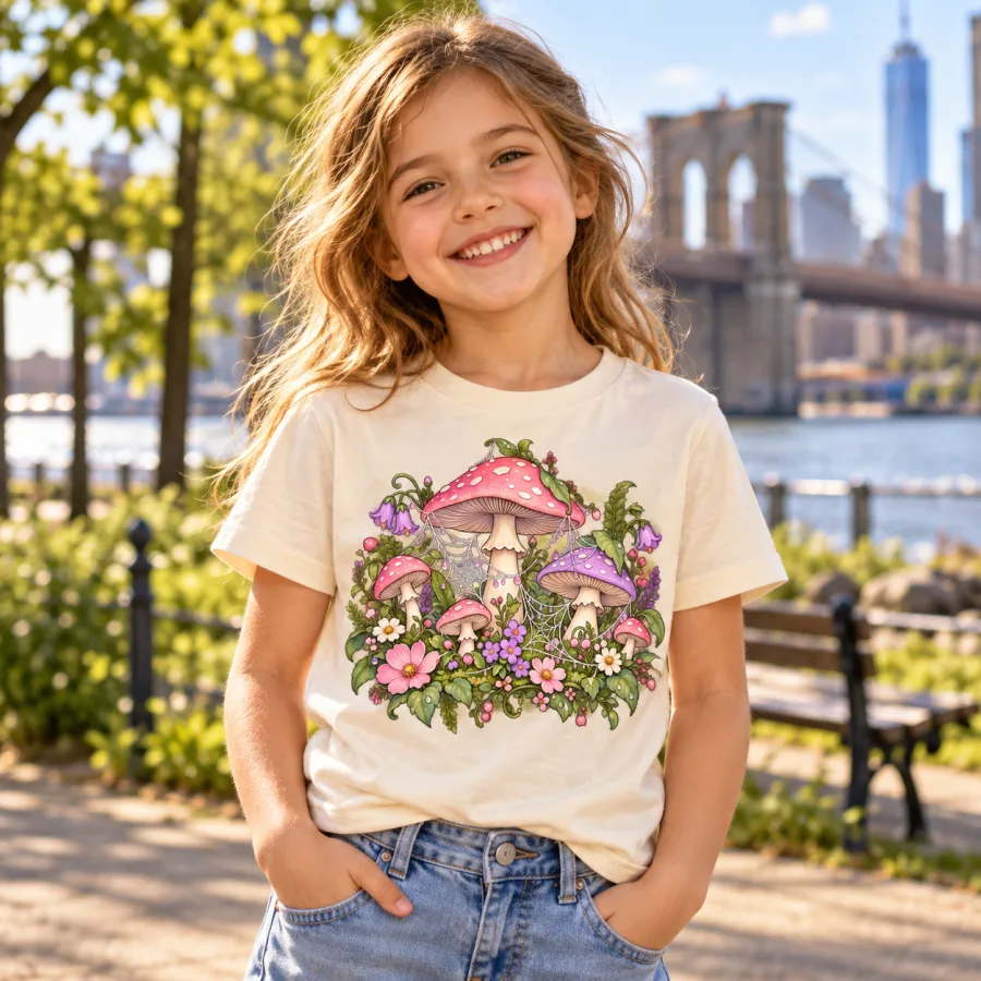 Lifestyle photo of girl wearing Pastel Web Garden cute spider web shirt in a sunny Brooklyn park