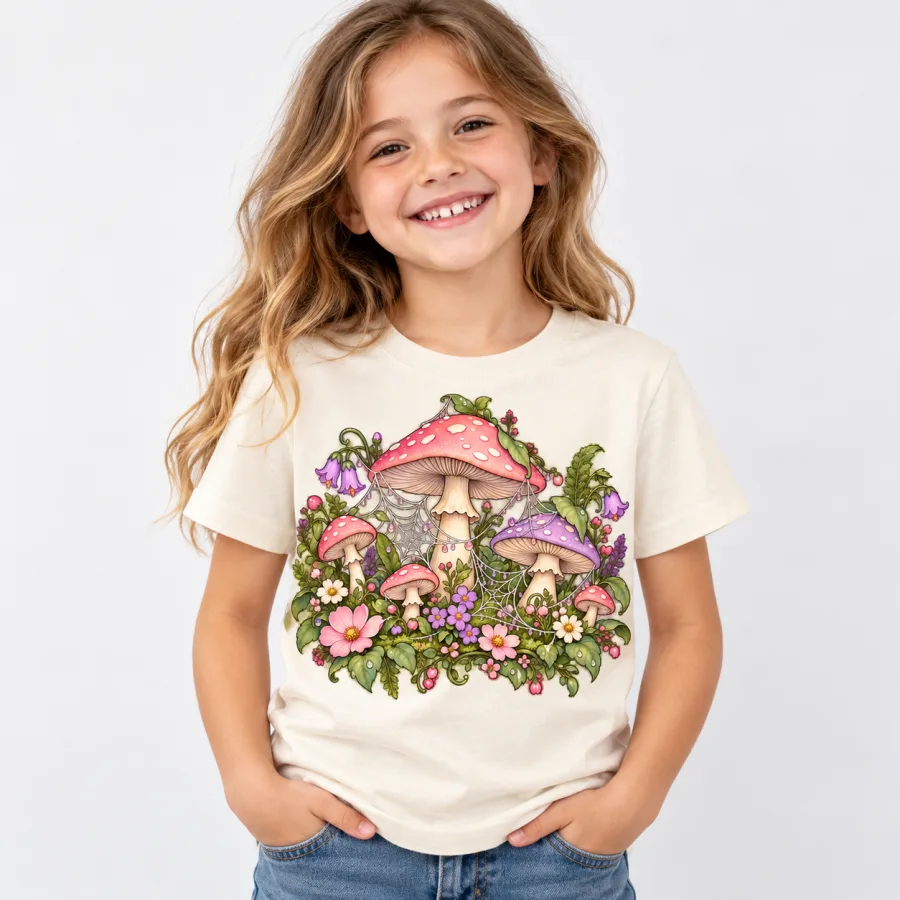 Seven-year-old girl wearing light cream Pastel Web Garden kids tee with colorful mushroom and web illustration