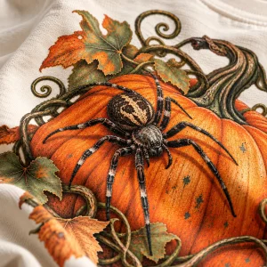 Close-up of Pumpkin Crawler print showing realistic spider, orange pumpkin, olive vines, distressed leaves and fabric texture