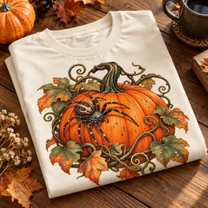 Folded Natural Pumpkin Crawler halloween spider graphic tee on a wooden table with autumn-themed props