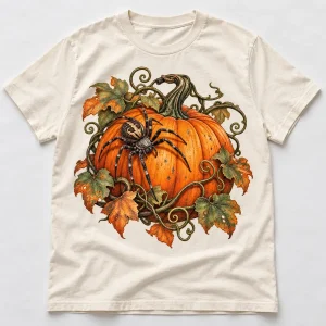 Front flat lay of Natural Pumpkin Crawler halloween spider graphic tee with vintage pumpkin, realistic spider, vines and autumn leaves