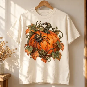 Natural Pumpkin Crawler spider and vintage pumpkin graphic tee displayed on a wooden hanger