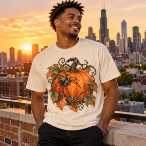 Lifestyle view of man wearing Natural Pumpkin Crawler halloween spider graphic tee on a Chicago rooftop at sunset