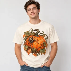 Man wearing Natural Pumpkin Crawler halloween spider graphic tee with orange pumpkin and realistic spider artwork