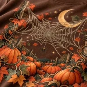 Close-up of Pumpkin Patch Web print showing cotton texture, delicate web lines, pumpkins, autumn leaves and crescent moon