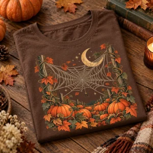Folded brown Pumpkin Patch Web pumpkin spider web tee on a wooden table with the detailed seasonal print visible
