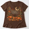 Front flat lay of brown women's relaxed Pumpkin Patch Web pumpkin spider web tee showing the full engraved autumn design