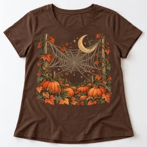 Front flat lay of brown women's relaxed Pumpkin Patch Web pumpkin spider web tee showing the full engraved autumn design