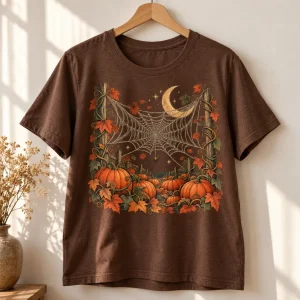 Brown women's Pumpkin Patch Web tee on a wooden hanger showing the rust, cream and dark green autumn illustration