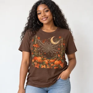 Woman wearing brown Pumpkin Patch Web pumpkin spider web tee with detailed pumpkin patch, crescent moon and delicate web artwork
