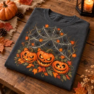 Close-up of pumpkin spider web shirt print showing cotton texture, carved pumpkin faces, tiny spiders and detailed web lines