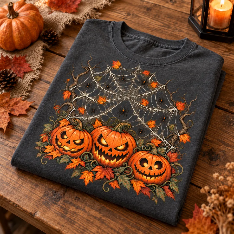 Close-up of pumpkin spider web shirt print showing cotton texture, carved pumpkin faces, tiny spiders and detailed web lines