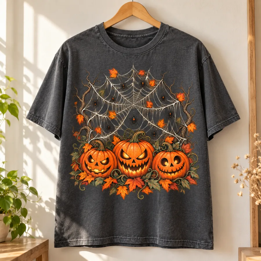 Folded charcoal Pumpkin Web Night tee showing three carved pumpkins, spider web and autumn leaf print