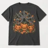 Front flat lay of charcoal pumpkin spider web shirt with three carved pumpkins, oversized web, tiny spiders and autumn leaves