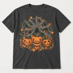 Front flat lay of charcoal pumpkin spider web shirt with three carved pumpkins, oversized web, tiny spiders and autumn leaves